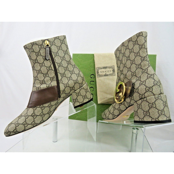 GUCCI 70170 SUPREME LEATHER BELT GG METAL LOGO MONOGRAM BEIGE SHORT ZIP BOOTS 41 - Picture 3 of 13